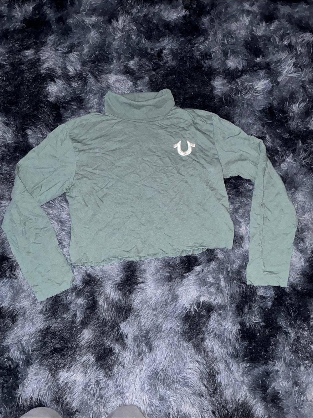 True Religion Olive teal Green Cropped Turtleneck Top women’s sz m